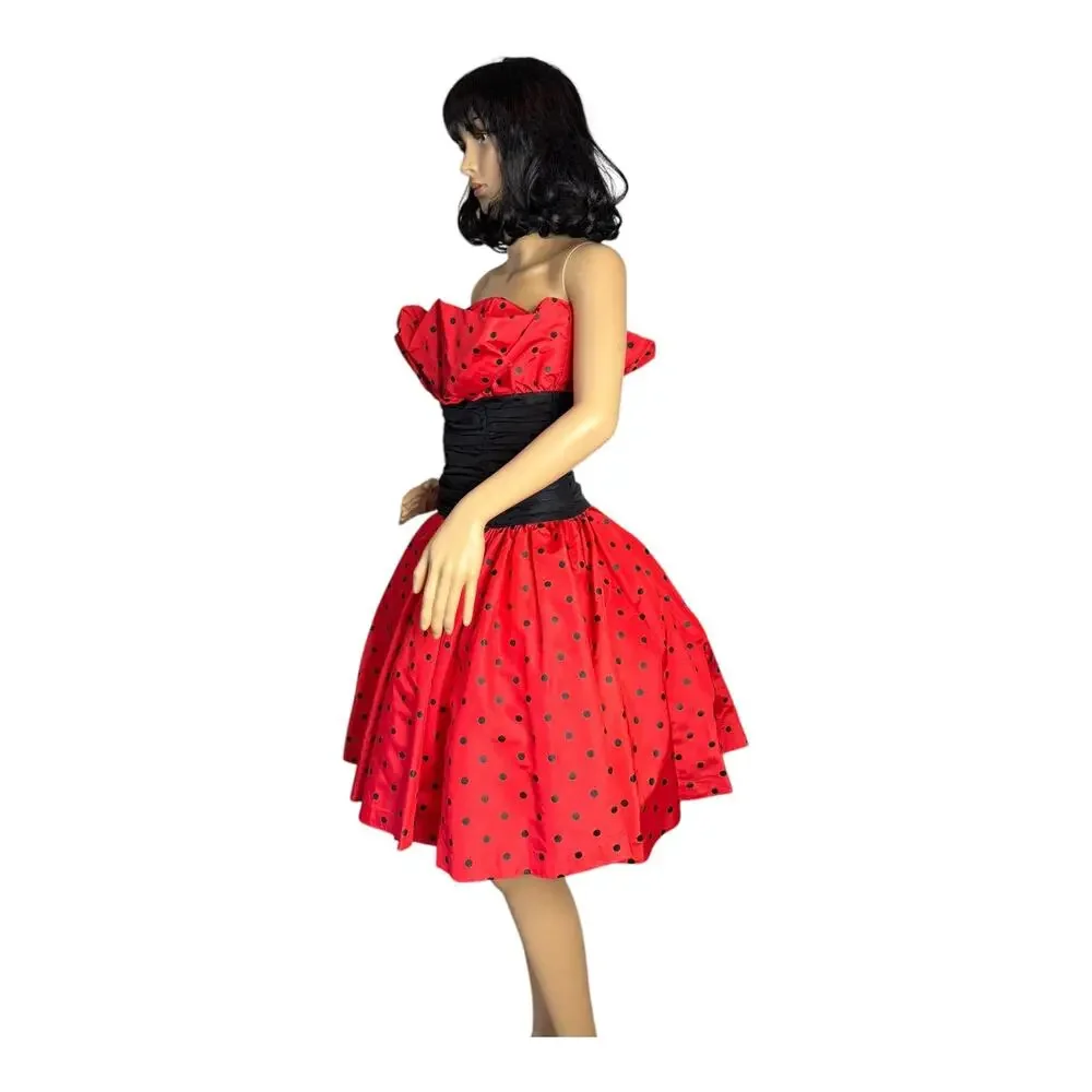 1980s Vintage Red Black Polka Dot Strapless Party Dress XS
